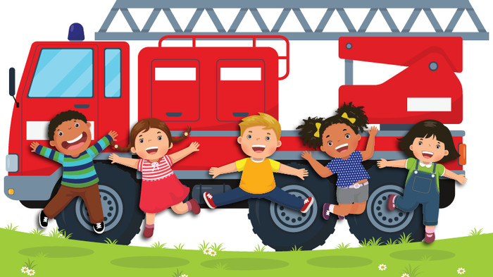 Animated graphic of children in front of firetruck 