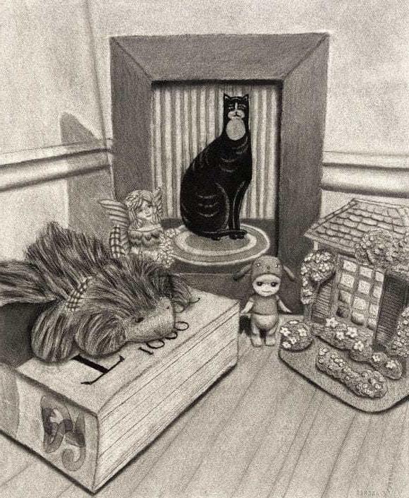Still life with cat in charcoal